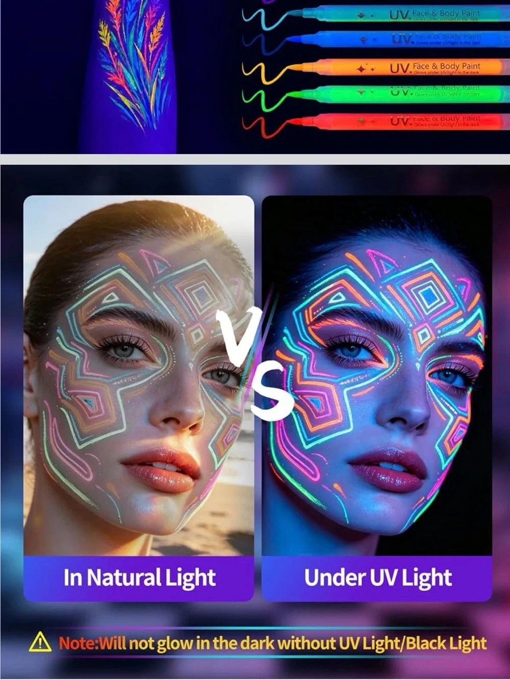 UV Neon Face Paint Pens - Multicolor Glow Party Makeup